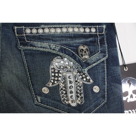 Rawkn Womens 27 x 34 Swavorski Studded Skull Y2K Style Straight Jeans NEW M1032 - Picture 6 of 8